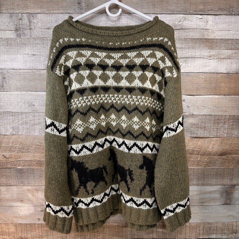 Altar'd State Fern Fair Isle Horse Sweater Olive Green Black Small